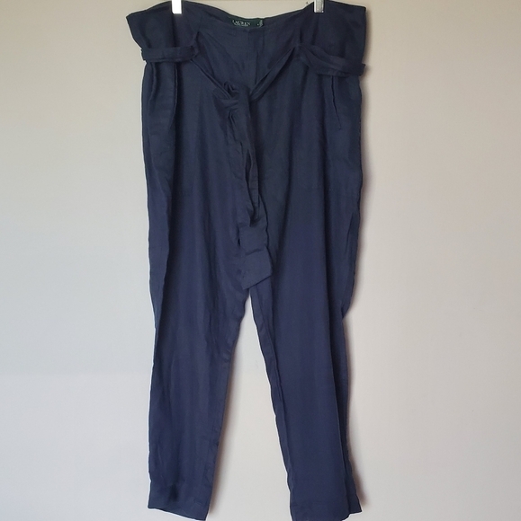 Ralph Lauren 100% Linen Belted High Waist Pants Navy Blue with Pockets - Picture 1 of 8